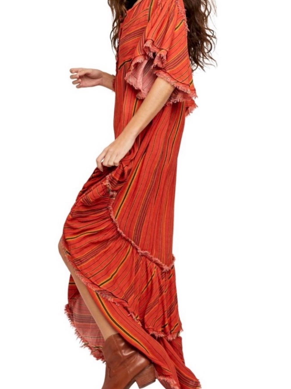 Free People Better Days Red Striped Ruffled Midi Dress - Women's